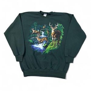 Vintage 90s Deer nature scenic outdoor crewneck forest green L mens